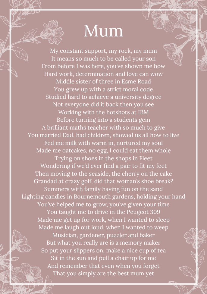 An example of a personalised poem written for someone's mum, displayed in white text on a dusky pink background.