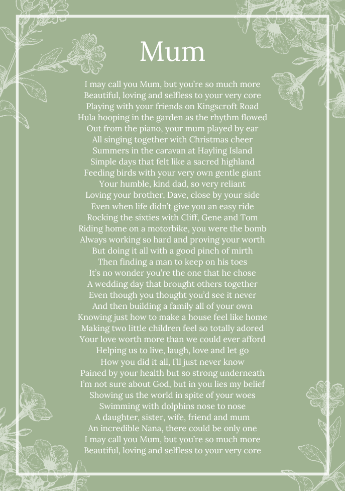 An example of a personalised poem written for someone's mum, displayed in white text on a sage green background.